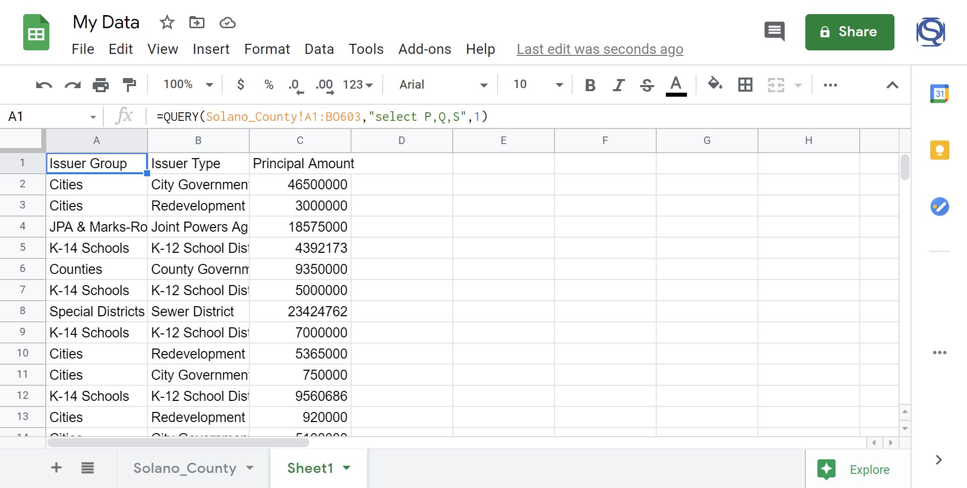 Image of a query function in Google Sheets
